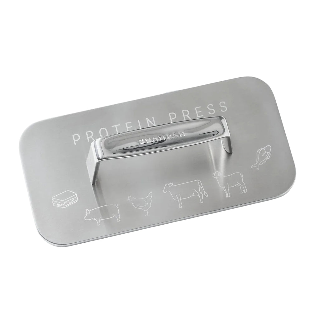 Metallic protein press tool with engraved illustrations on a white background