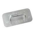 Metallic protein press tool with engraved illustrations on a white background