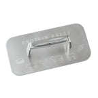 Metallic protein press tool with engraved illustrations on a white background