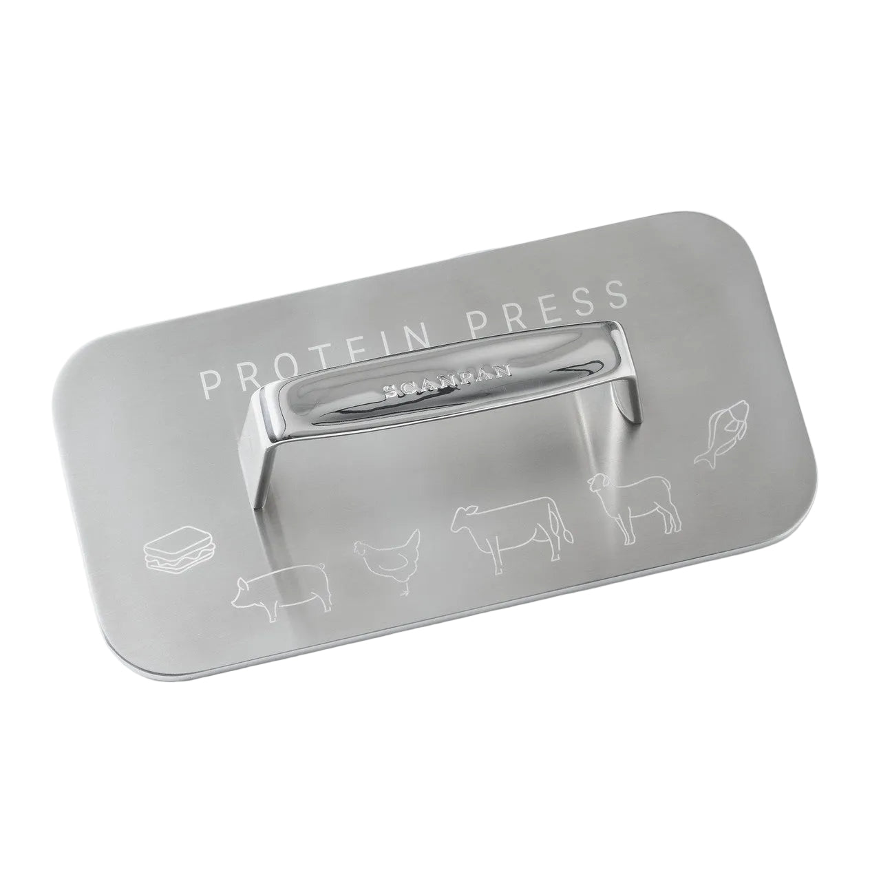 Metallic protein press tool with engraved illustrations on a white background
