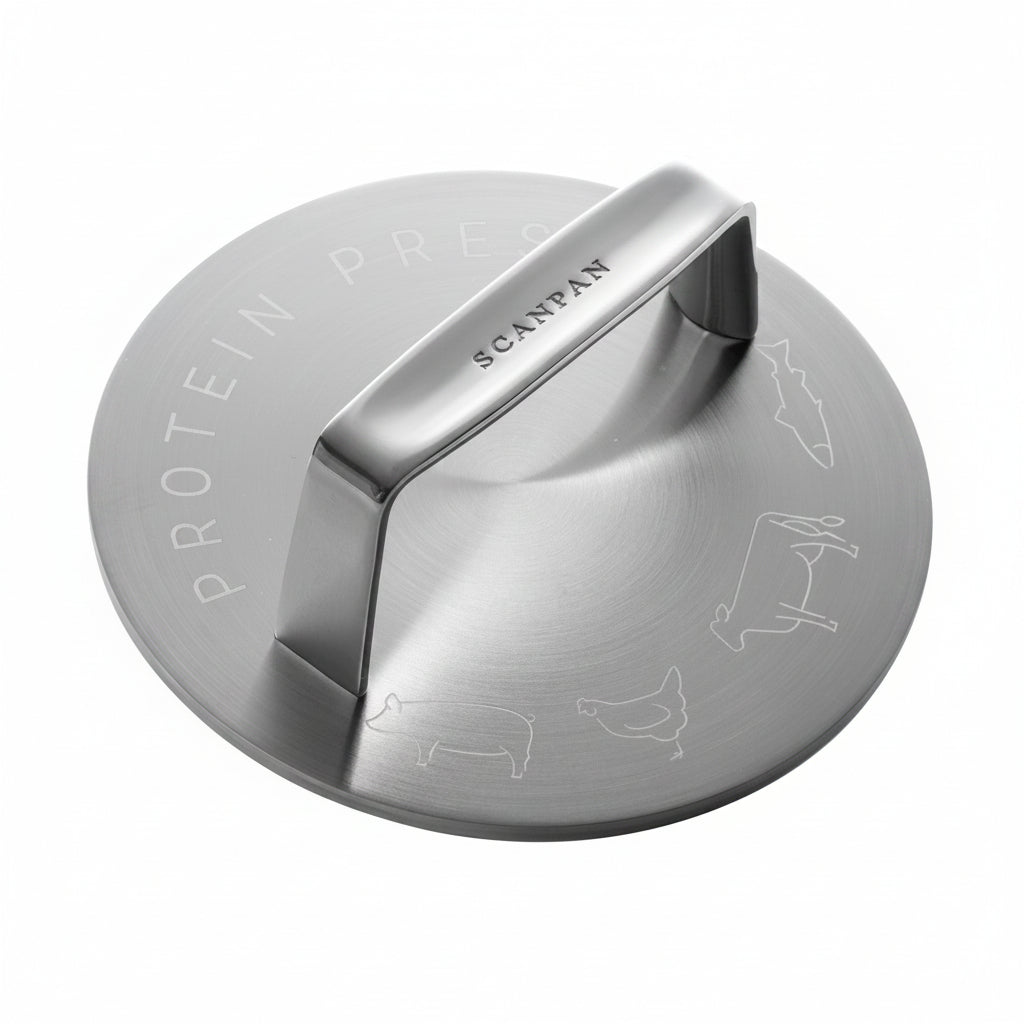 Silver kitchen tool with 'Scanpan' branding on a white background