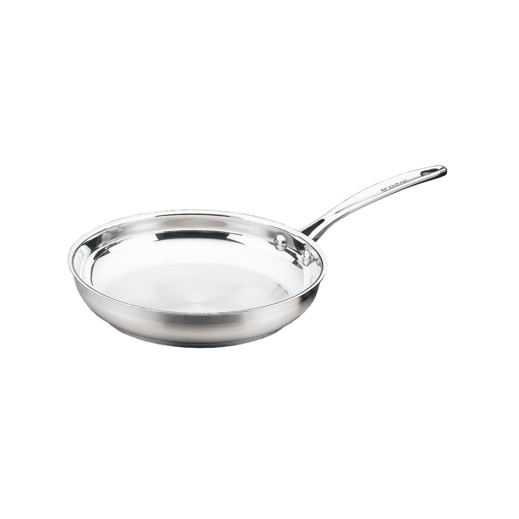Stainless steel frying pan on a white background