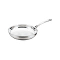 Stainless steel frying pan on a white background