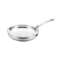 Stainless steel frying pan on a white background