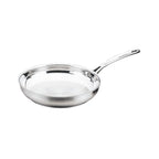 Stainless steel frying pan on a white background