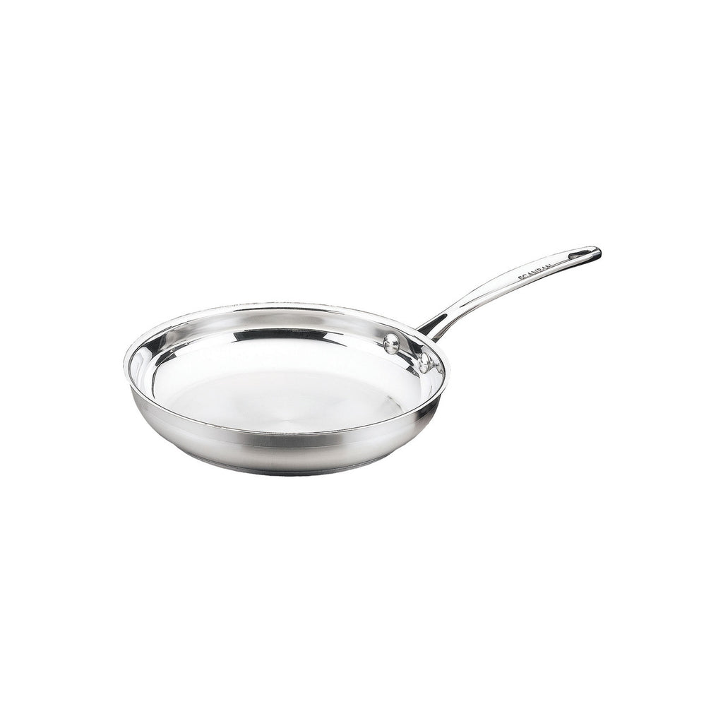 Stainless steel frying pan on a white background