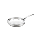 Stainless steel frying pan on a white background