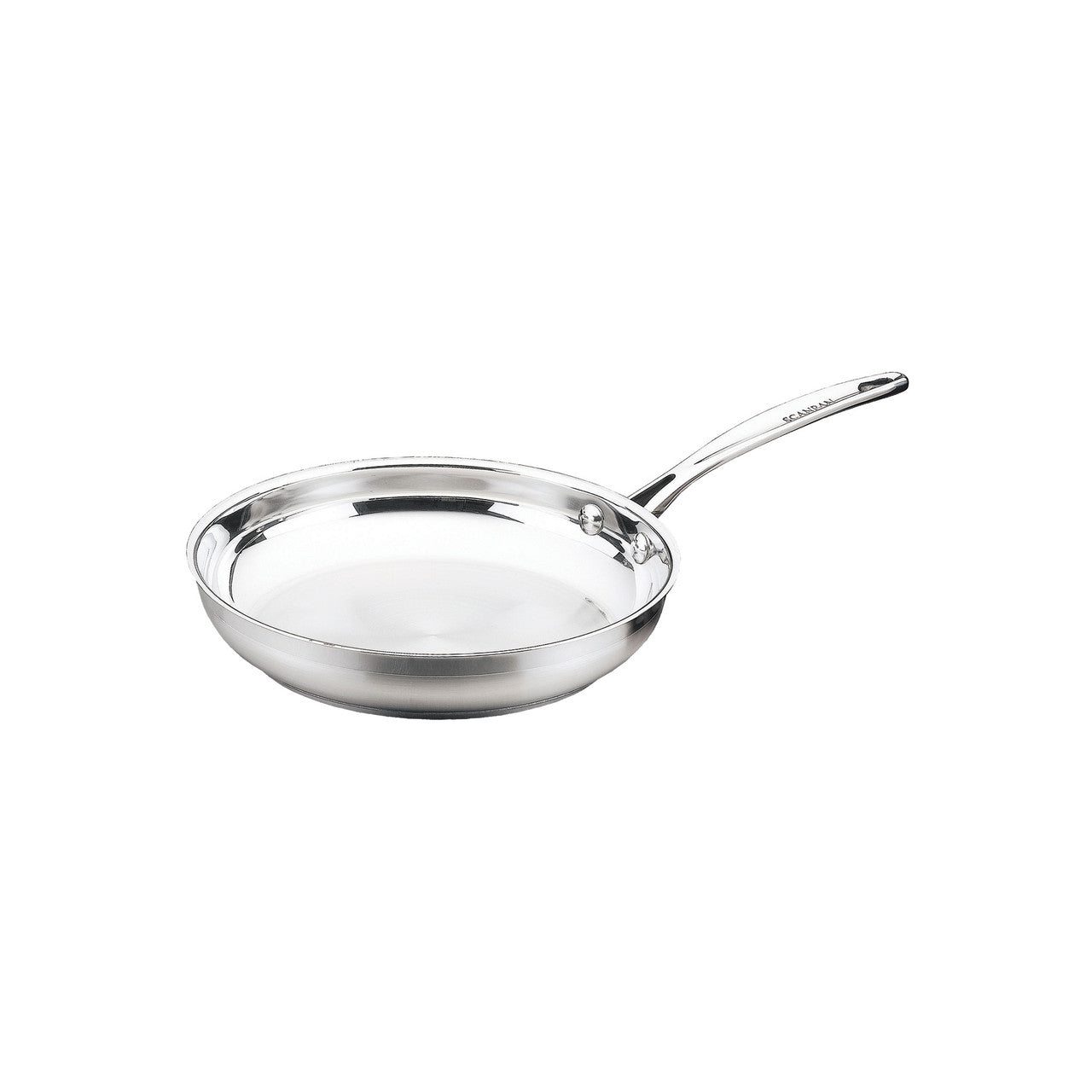Stainless steel frying pan on a white background