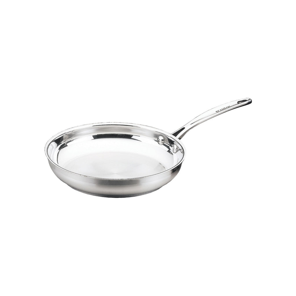 Stainless steel frying pan on a white background