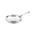 Stainless steel frying pan on a white background