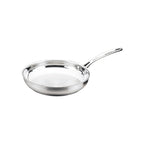 Stainless steel frying pan on a white background