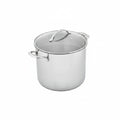 Stainless steel stock pot with lid on a white background