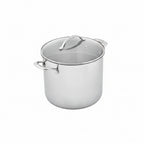 Stainless steel stock pot with lid on a white background