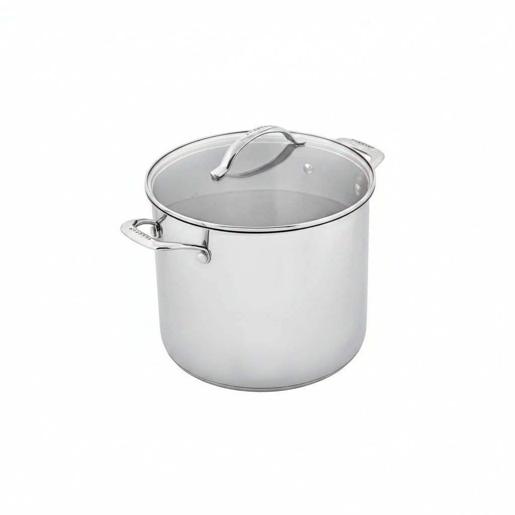 Stainless steel stock pot with lid on a white background