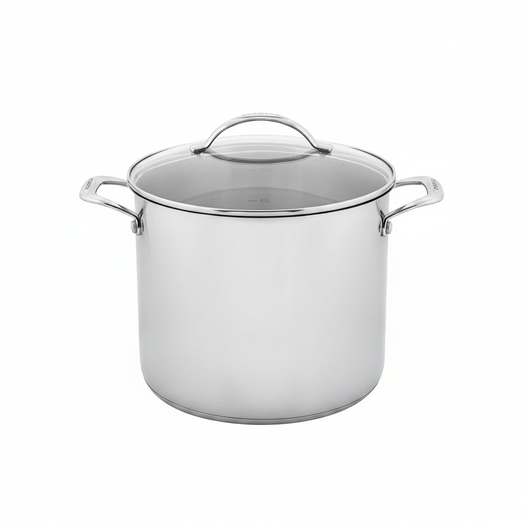 Stainless steel stock pot with lid on a white background