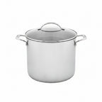 Stainless steel stock pot with lid on a white background