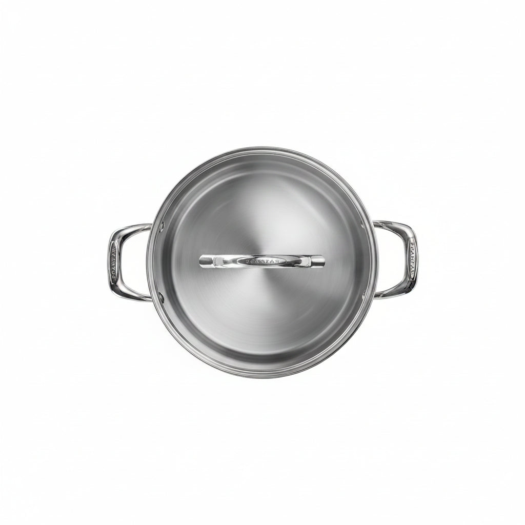 Stainless steel pot with lid on a white background