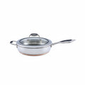 Stainless steel frying pan with lid on a white background