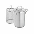 Stainless steel pot with lid and mesh basket on a white background