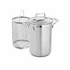 Stainless steel pot with lid and mesh basket on a white background